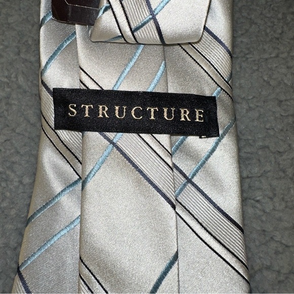 Structure Men's Tie Silver Gray 100% Silk Windowpane Plaid 58" - Picture 9 of 9